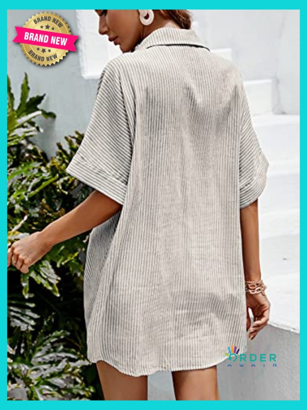 Button Down Shirt Dress Short Sleeve V-Neck Mini Casual Stripe - Picture 3 of 7